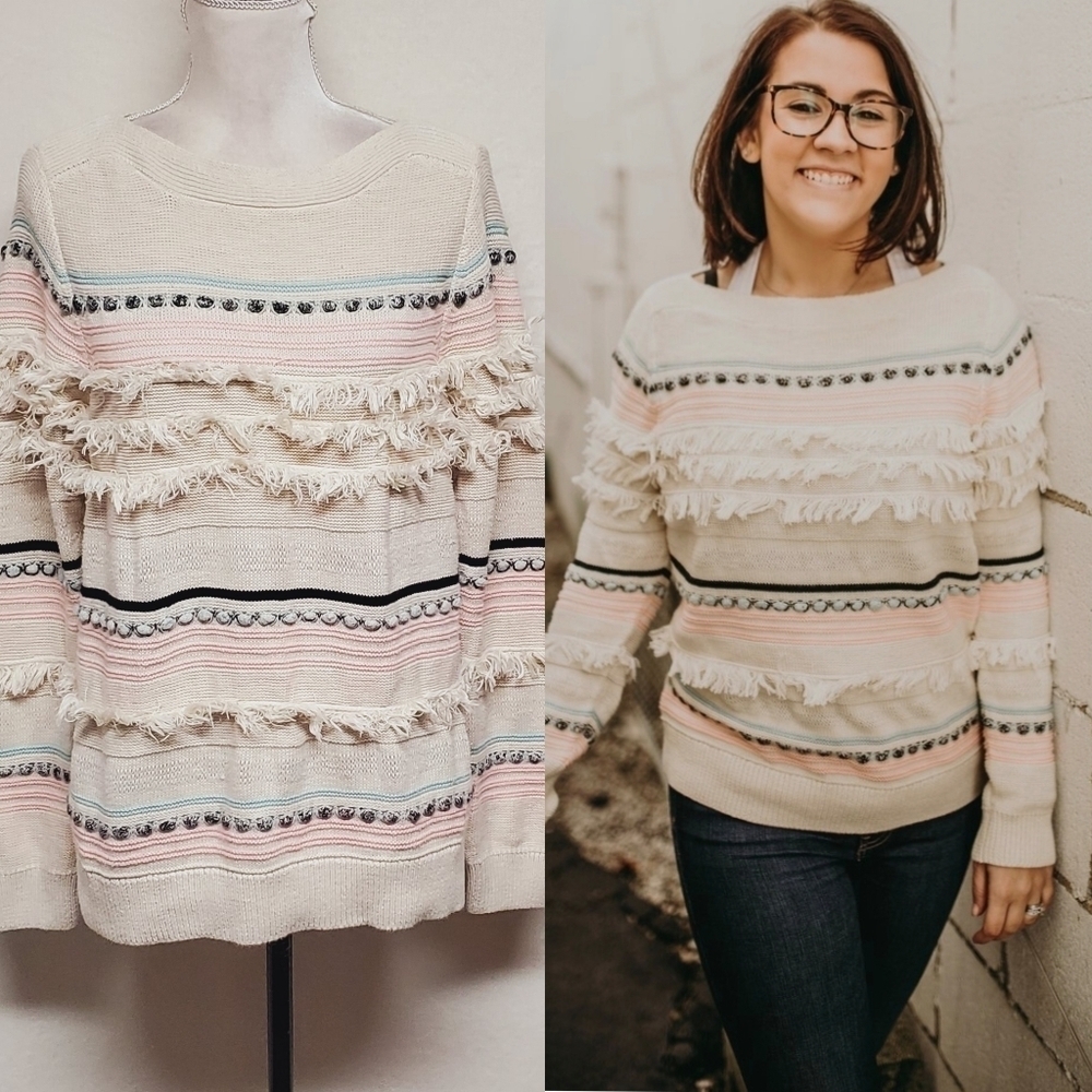 Loft Ann Taylor Bold Fringe Pastel Striped Boatneck Knit Sweater Large